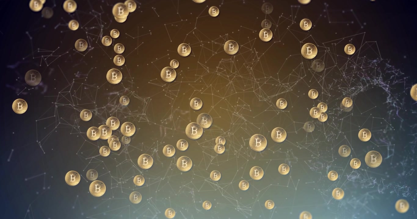 Animation of multiple bitcoin symbols over network of connections against gradient background