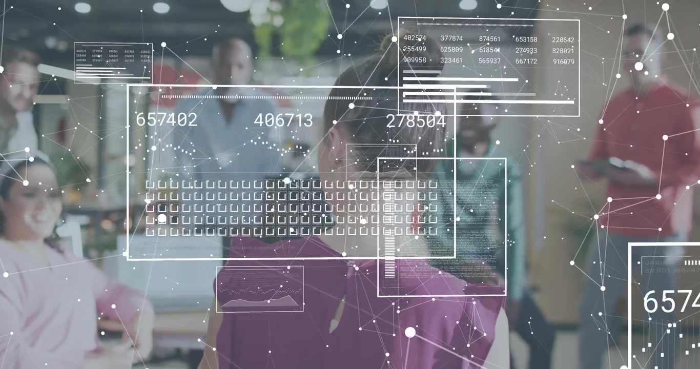 Professional Woman in Office with Digital Data and Network Connections