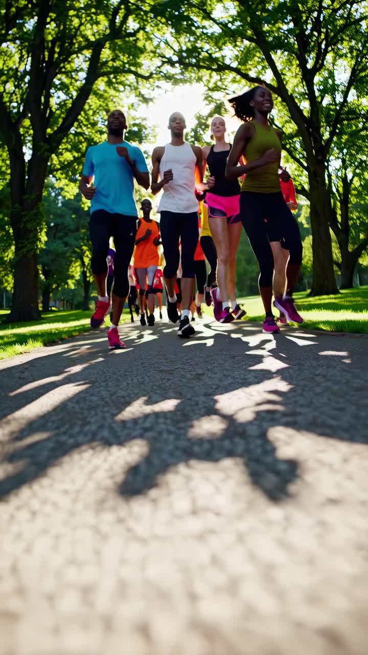 Un video dinamico riprende un gruppo che fa jogging in un parco illuminato dal sole.