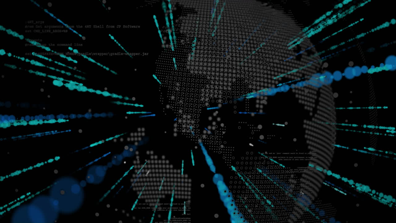 Animation of data processing over blue glowing light trails