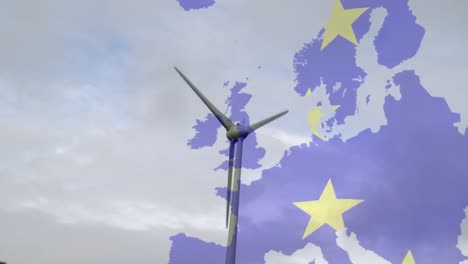 Animation-of-european-union-flag-and-map-of-europe-over-rotating-wind-turbine-and-blue-sky