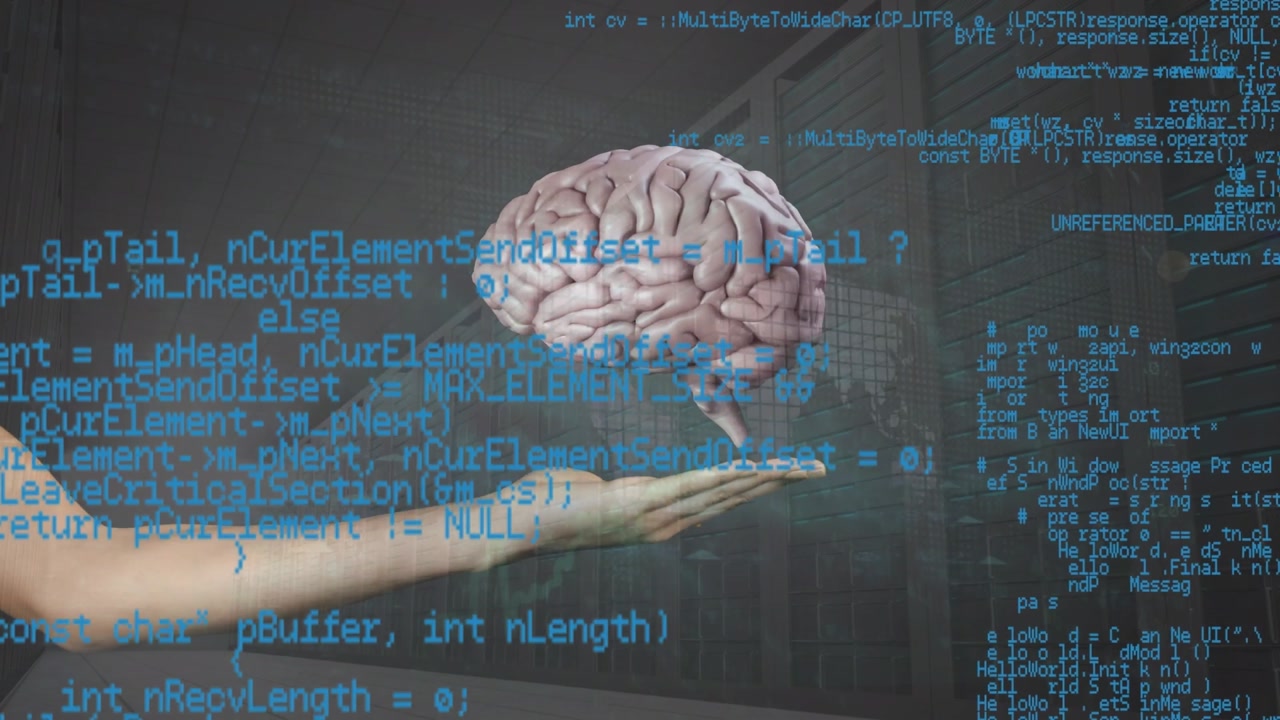 Animation of data processing and human brain on hand over dark background