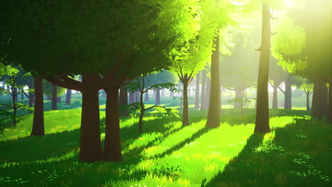 paisaje forestal verde de dibujos animados con árboles y flores