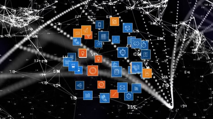 Animation of dna strand and network of connections with digital icons