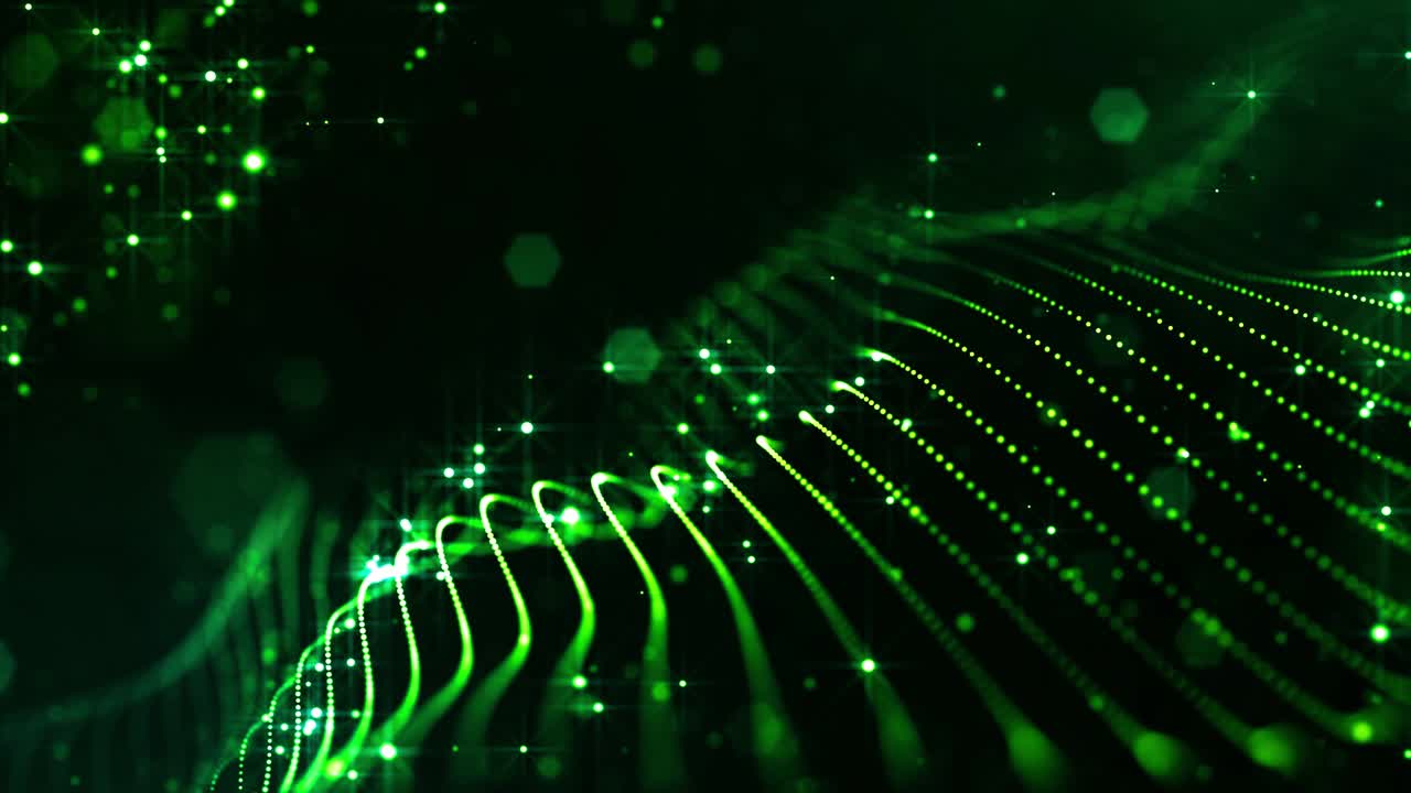 4k looped sci-fi green background with bokeh and light effects. Glow green color particles form lines, surfaces, string structures as virtual space or hologram for HUD screen. 7