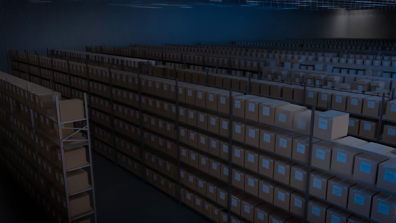Dark warehouse interior with rows of shelves filled with cardboard boxes