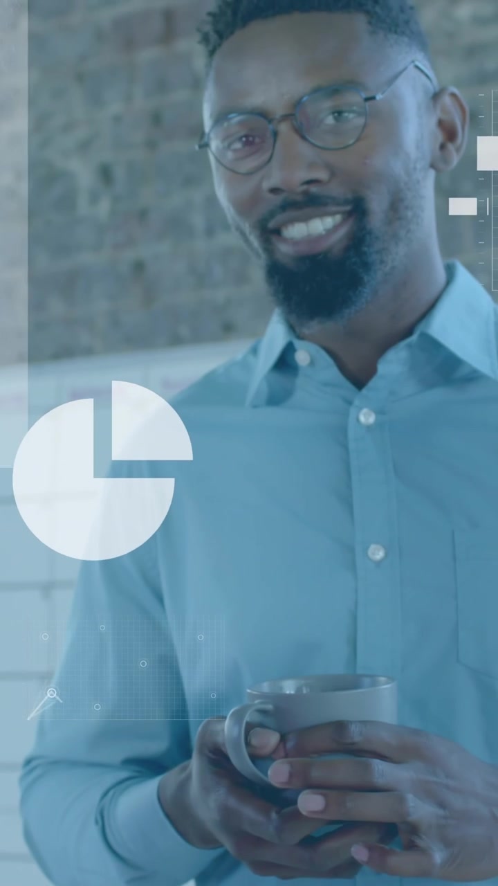 Animation of media icons over diverse business people talking in office