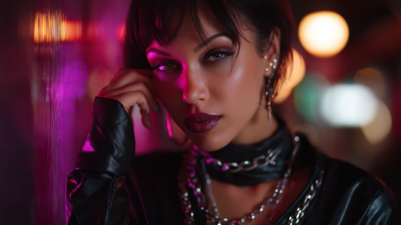 Ritratto sorprendente di una modella alla moda in abiti di pelle audaci con illuminazione drammatica e colori vivaci che emanano sicurezza e stile in un ambiente urbano
