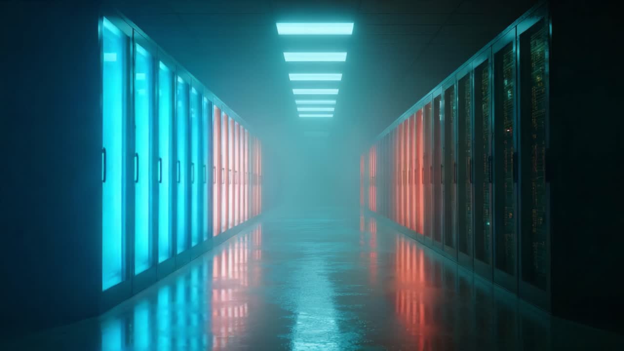 Mysterious Data Center Corridor Highlighting Advanced Server Racks with Illuminated Blue and Red Lighting Effects, Evoking a Futuristic and Tech-Driven Environment