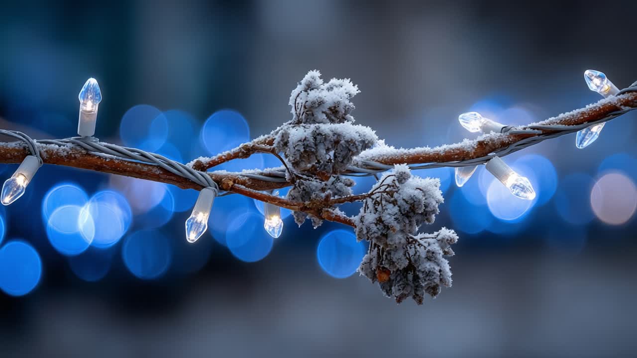 A Frosty Branch Adorned with Twinkling Lights: Captivating Winter Decor Glimmering Amongst Snowy Foliage and Vivid Blue Bokeh Background