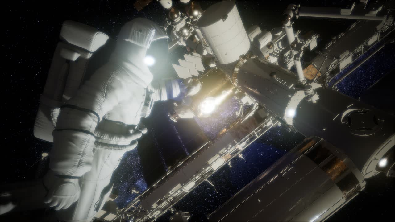 우주walk에서 국제 우주 정거장 밖의 우주인