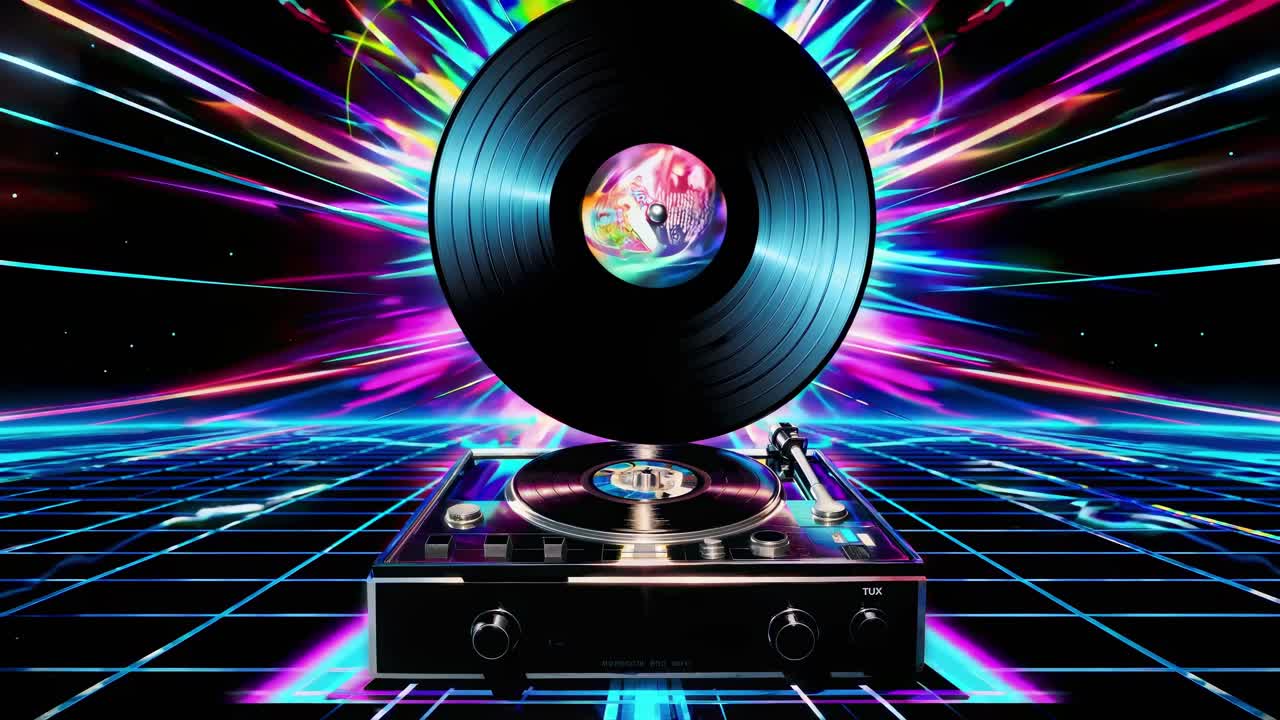Retrofuturistisk videokonsept med lav vinkel av en platespiller og vinyl mot en levende