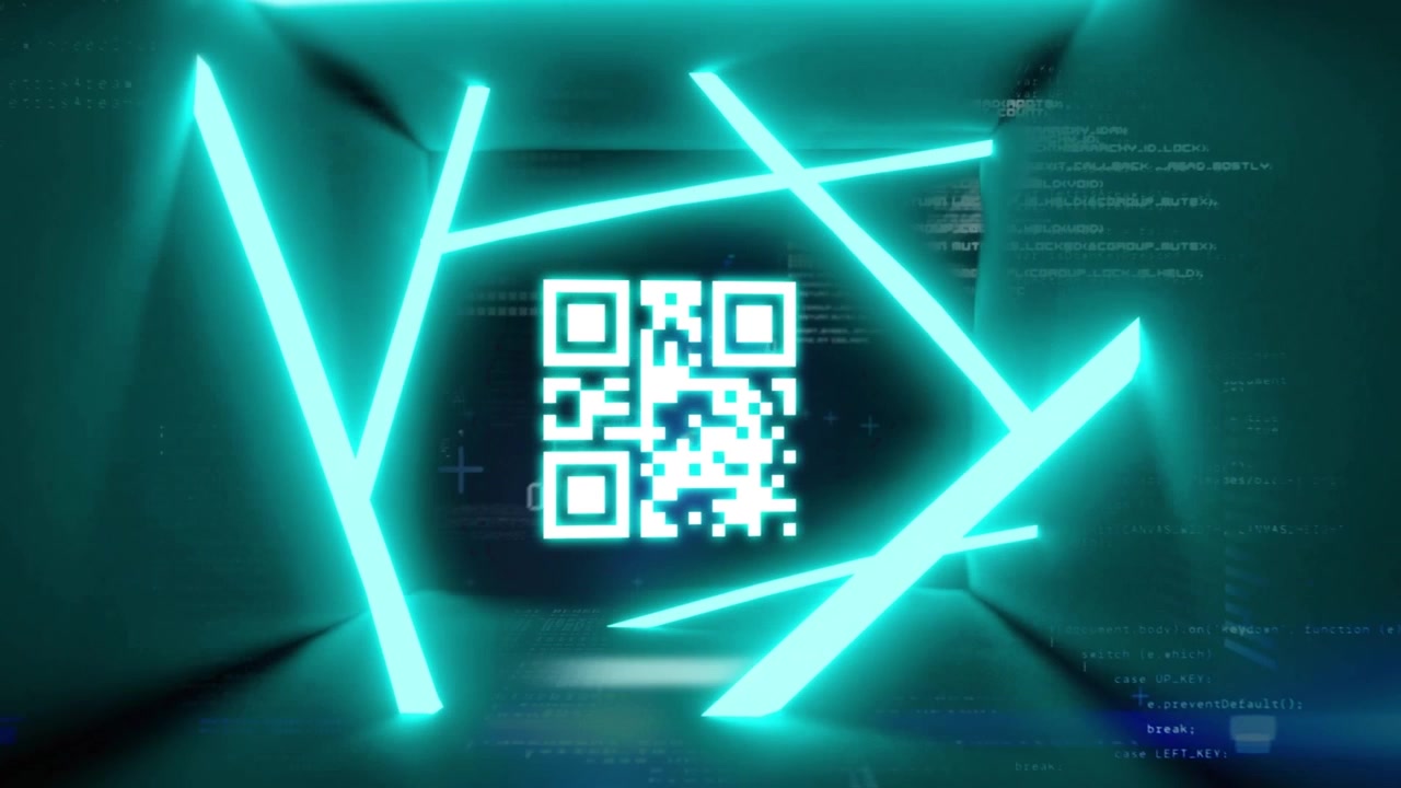 Animation on neon qr code over green tunnel with data