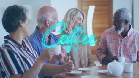 animation of coffee text over diverse group of seniors talking