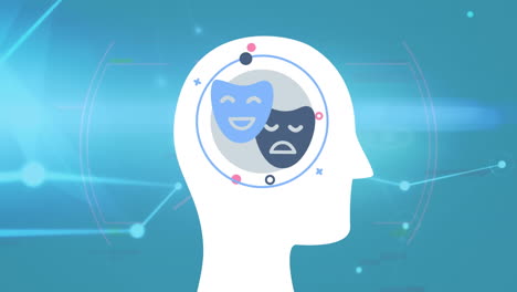 animación de la cabeza con iconos sobre una red de conexiones sobre fondo azul