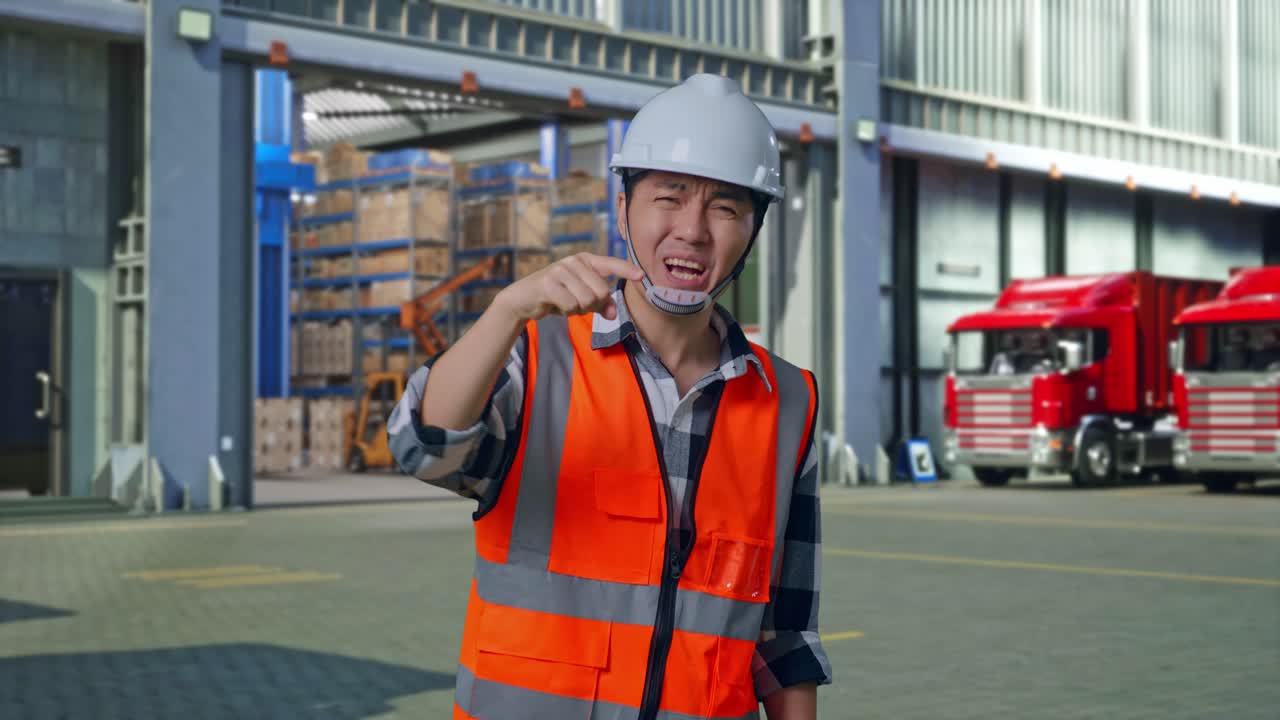 Angry Asian Male Engineer With Safety Helmet Shouting At Someone While Standing , Outside of Logistics Distributions Warehouse
