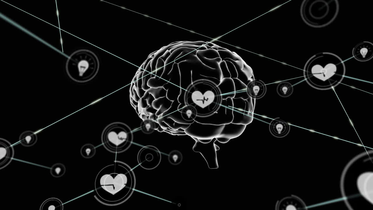 뇌 위의 아이콘으로 연결된 네트워크의 애니메이션