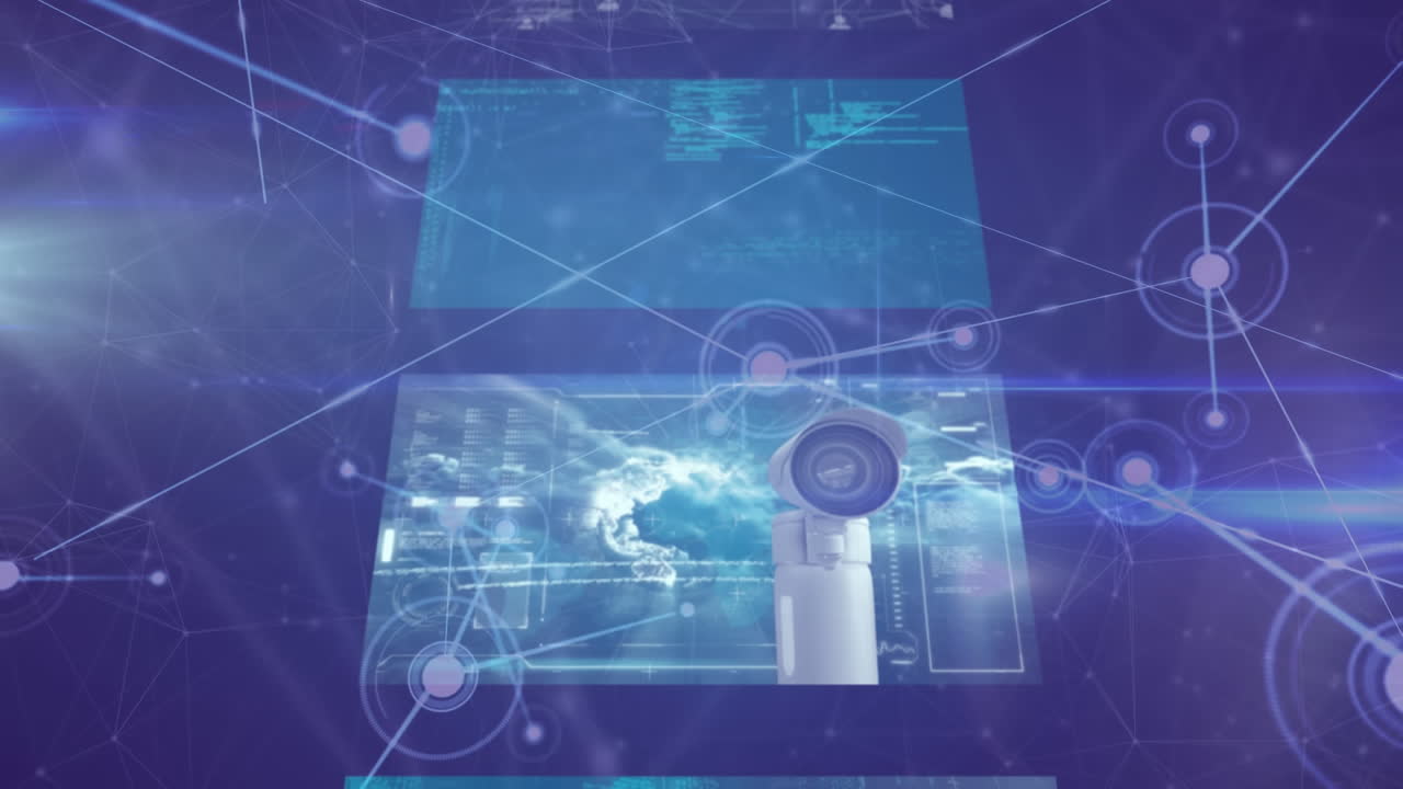 animación de la red de conexiones y procesamiento de datos en pantallas sobre fondo púrpura