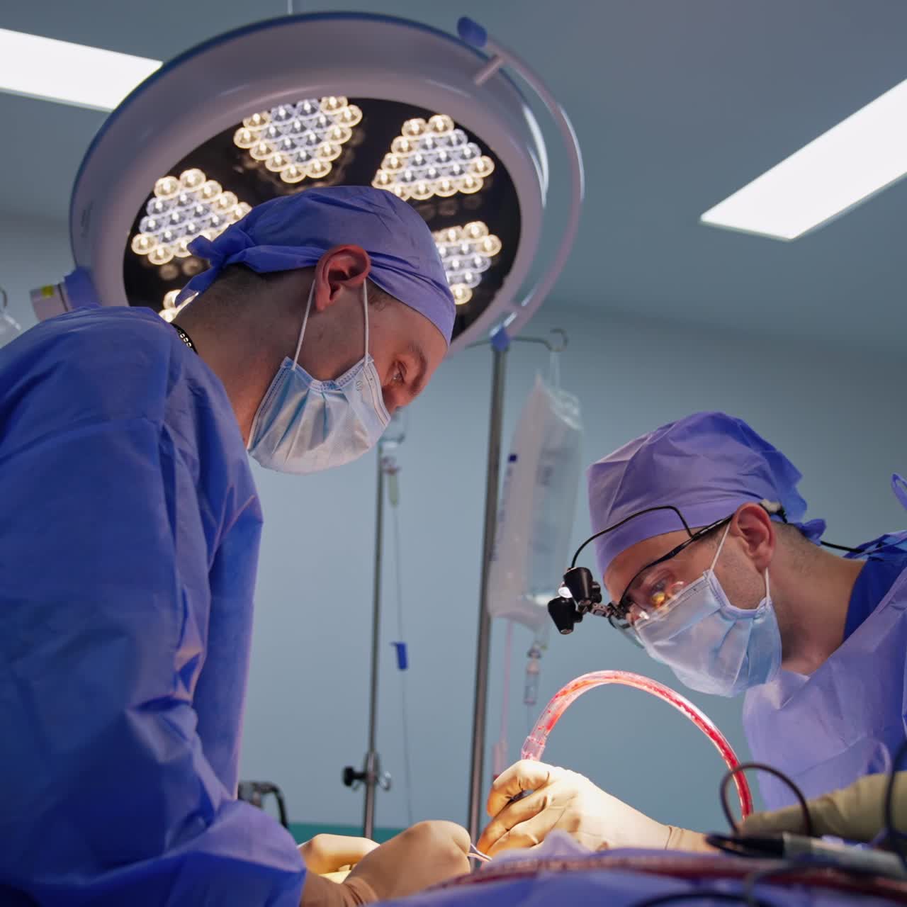 Neurochirurgo con occhiali tecnologici passa lo strumento di metallo a un assistente e prende uno strumento chirurgico elettrico
