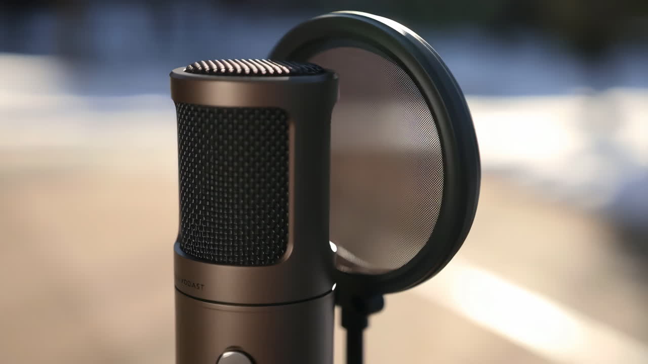 Close-up of a Professional Condenser Microphone with Pop Filter