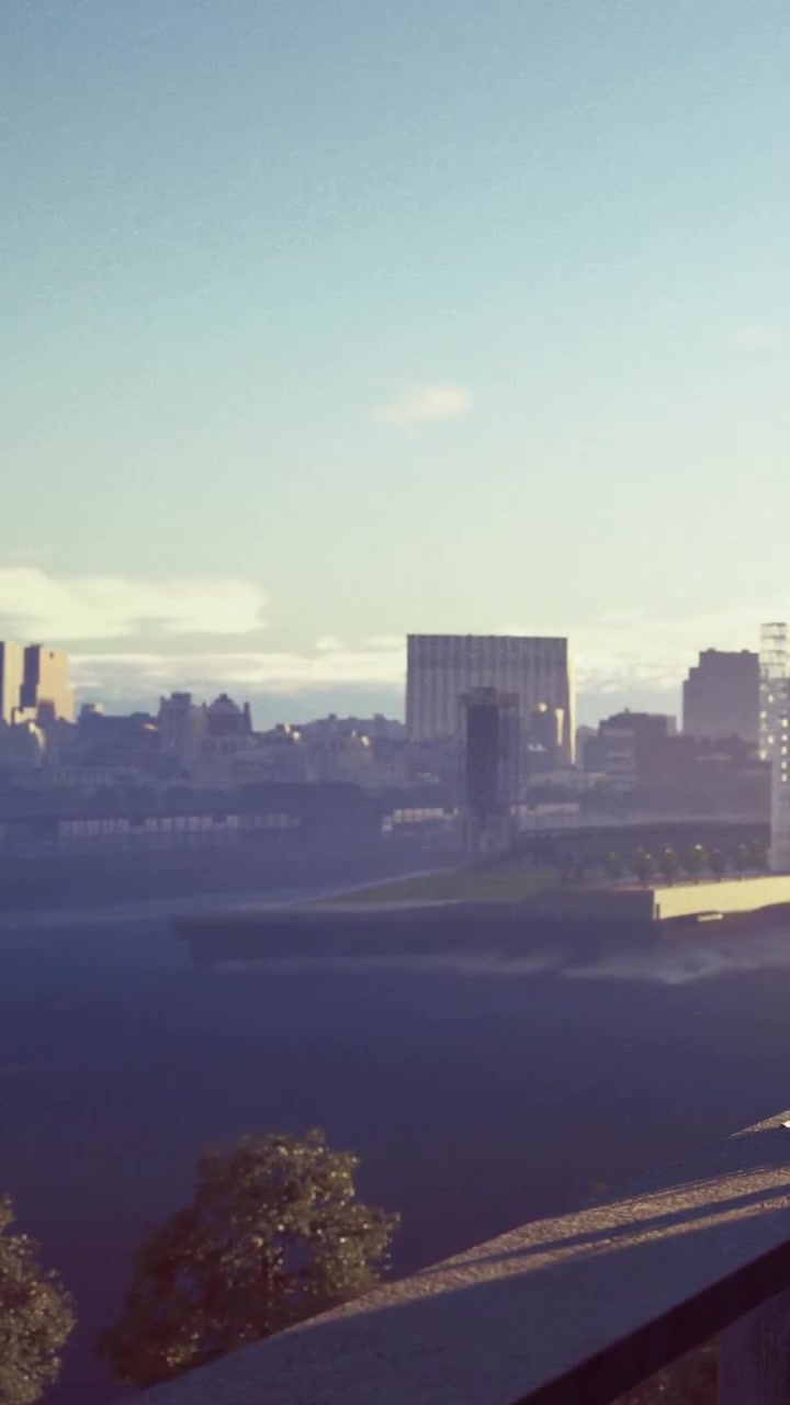 O amanhecer surge sobre o horizonte da cidade enquanto edifícios emergem da névoa matinal