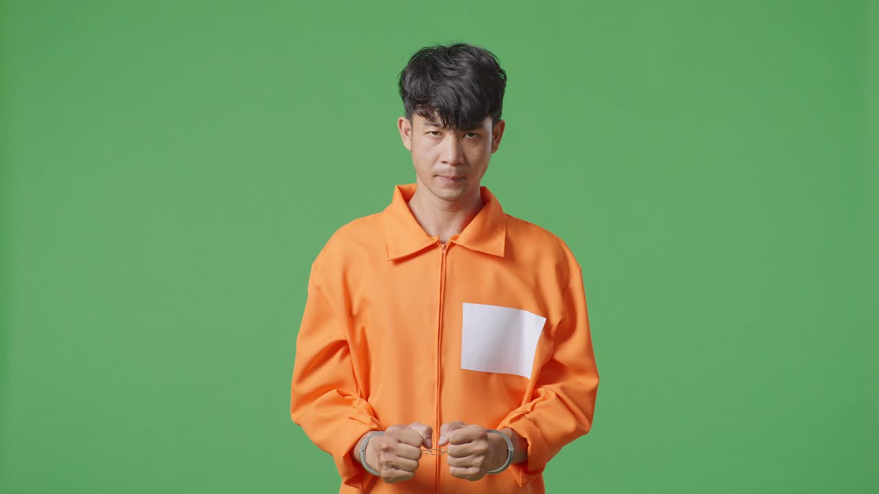 손을 은 아시아 남성 수감자가 초록색 스크린 배경에 서서 머리를 들고 화를 내며 카메라를 바라보고 있습니다.