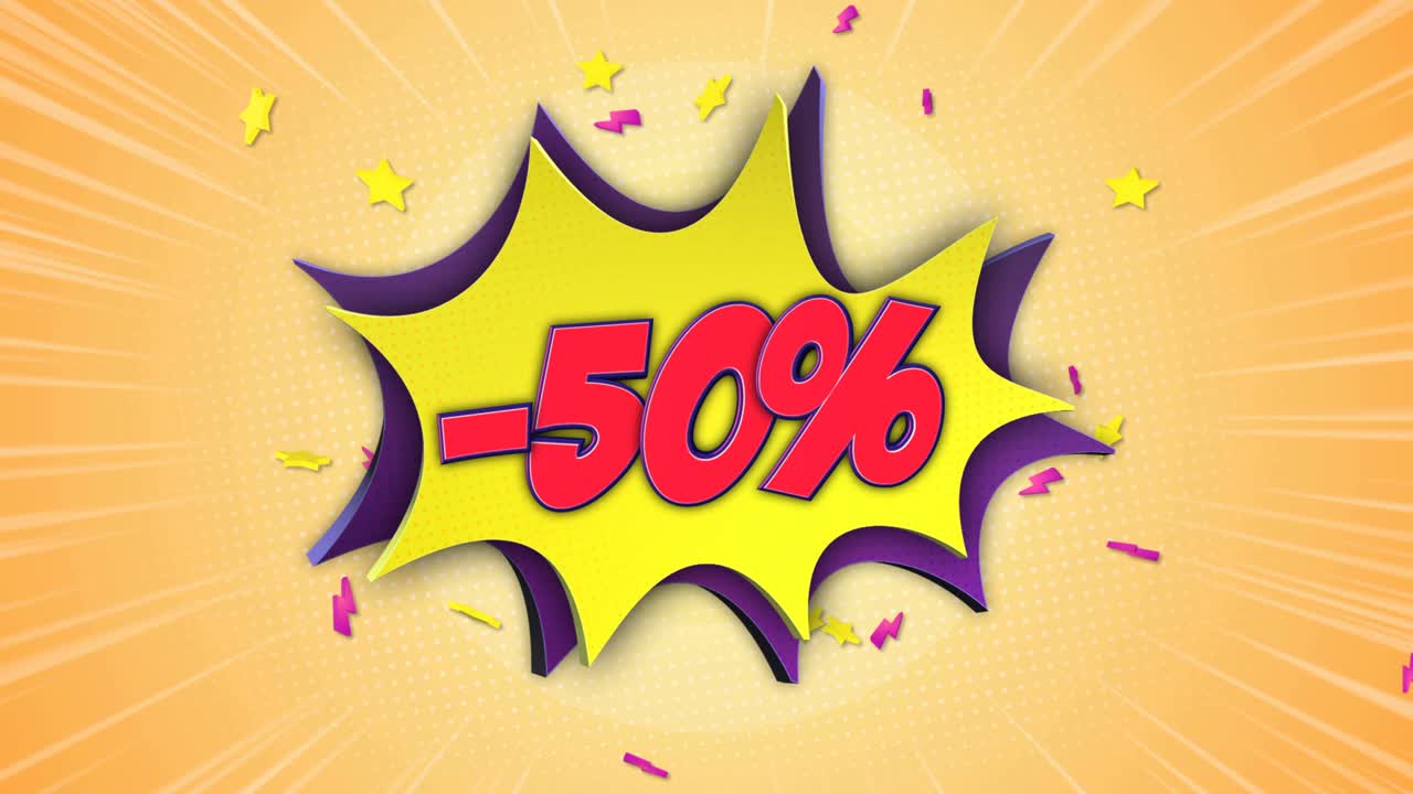 -50% de descuento animación de texto cómico y burbuja de habla, con alfa mate, bucle, 4k -50% de desconto animación de mensaje cómico yburbuja de voz, con alfa matte, buque, 4k