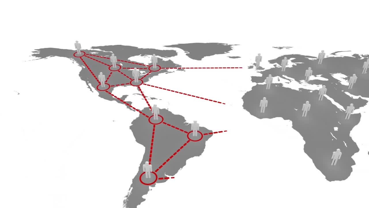 Connecting people across continents, global network animation over world map