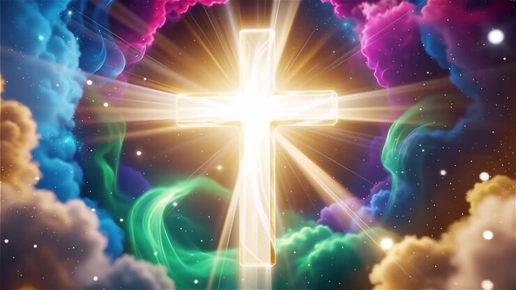 Croce Cristiana Luce Celestiale Sfondo per il Culto.