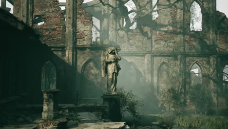 a stone angel stands in the ruins of an old gothic church