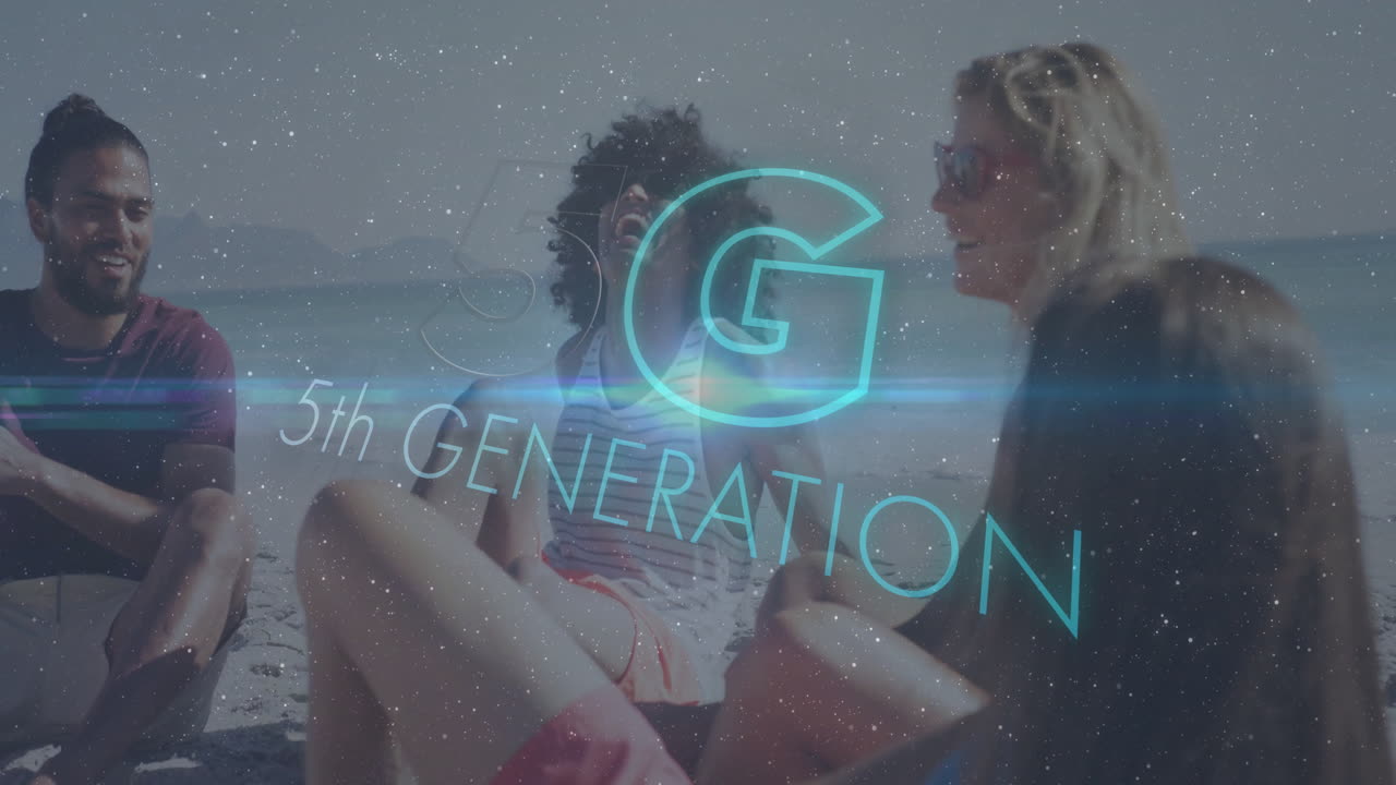 5th Generation text animation over group of friends relaxing at beach