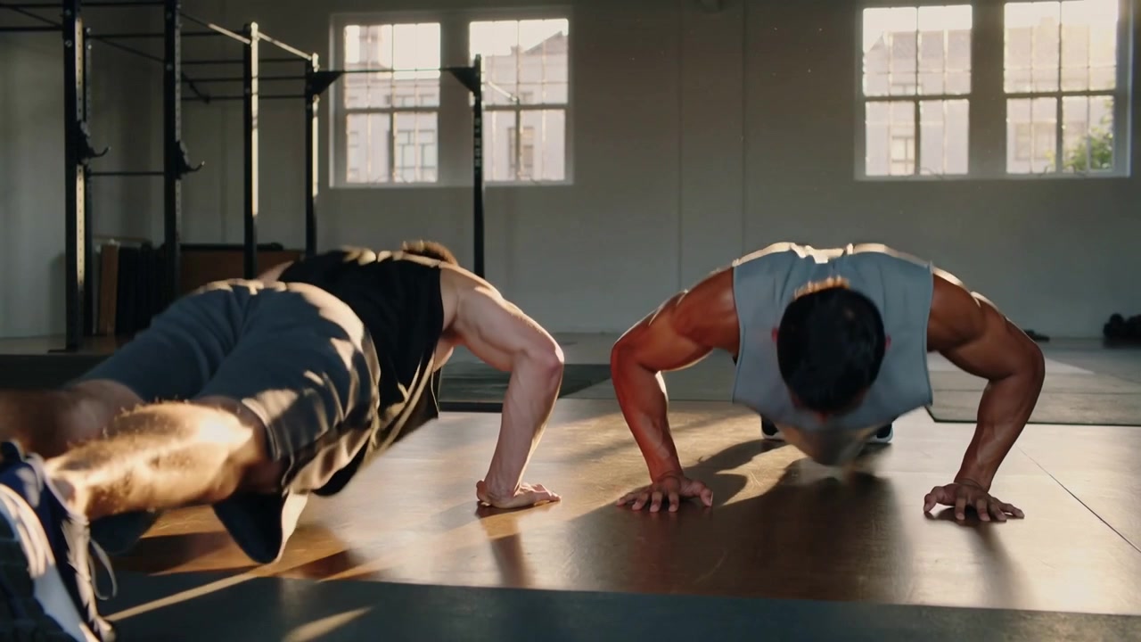 Starting plank, two men training by doing knee-drives and pushups in gym with mats, sleeveless