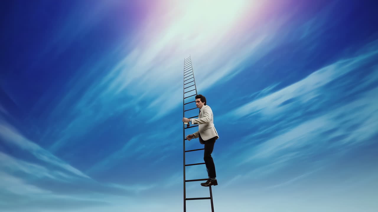 Man climbing an endless ladder towards a bright sky, symbolizing ambition and success