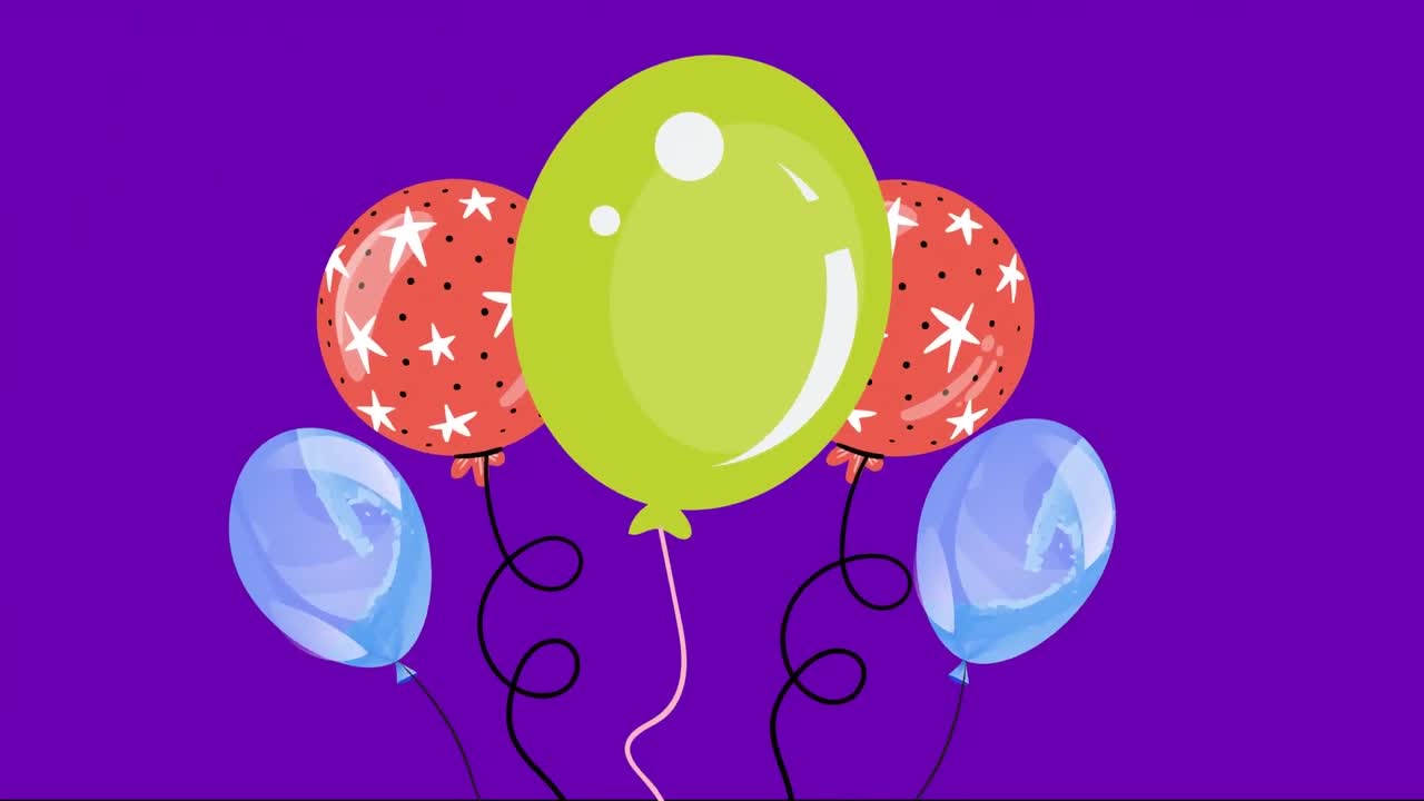 animación de globos coloridos volando sobre manchas en fondo azul