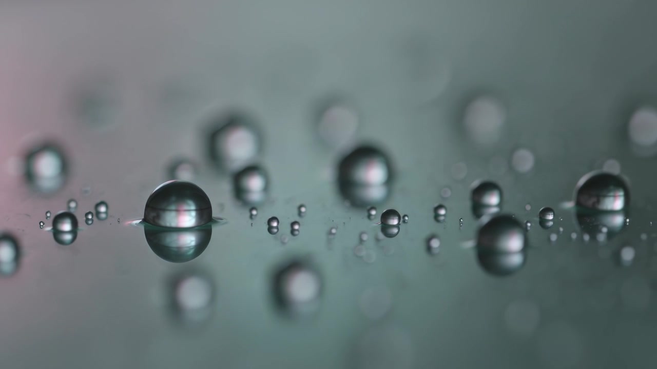 Pulling focus camera revealing row of droplets on reflective surface, enhancing teal pink gradient