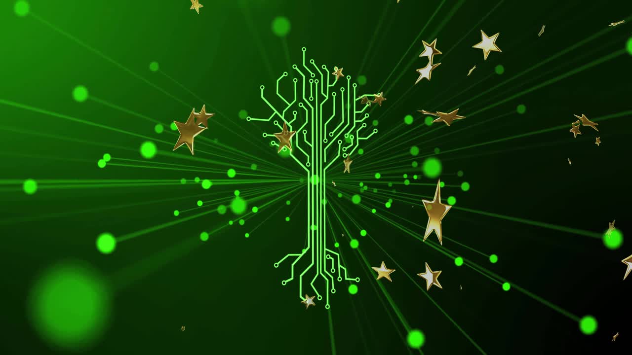 On gradient brightening green circuit tree emerging, stars drifting orbs pulsing forming tech scene