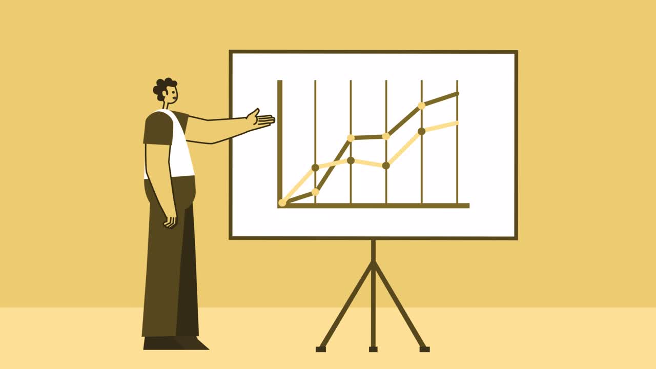 노란색 스타일의 평평한 캐릭터는 그래프보드에서 성장 차트를 보여줍니다. 알파 채널과 함께 고립된 루프 애니메이션