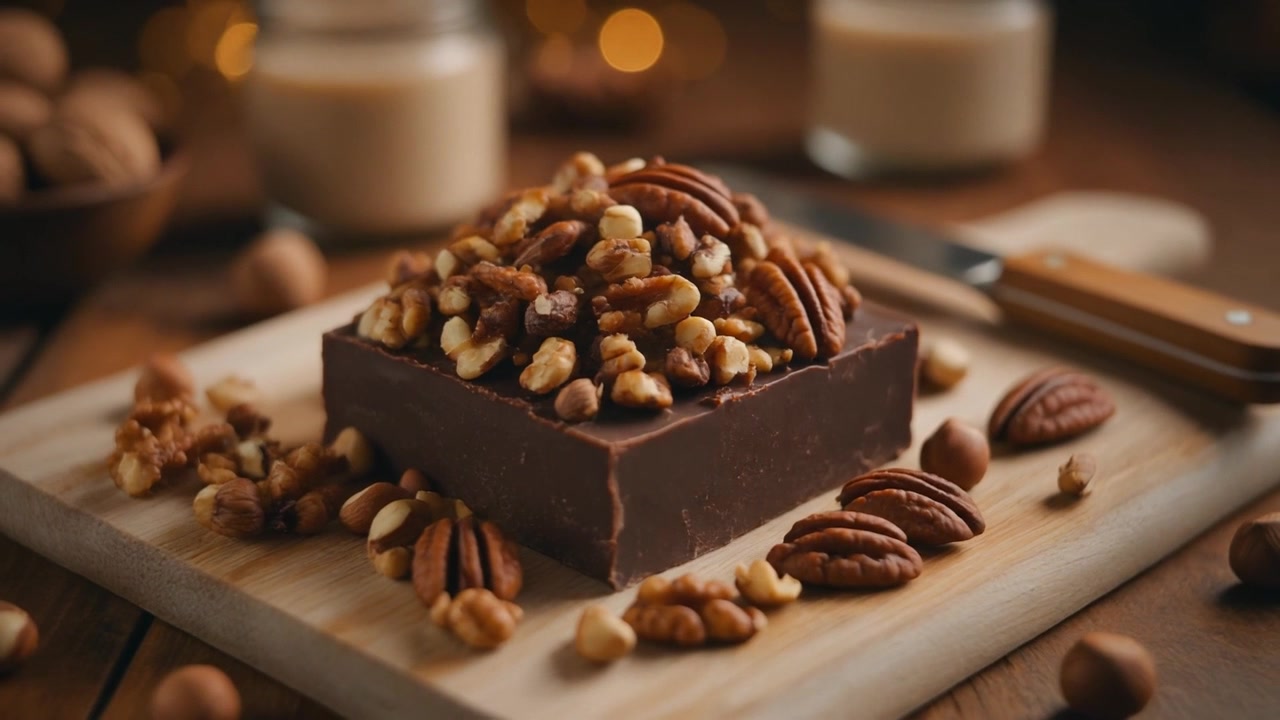 Firkantet blokk med sjokoladefudge toppet med assorterte nøtter