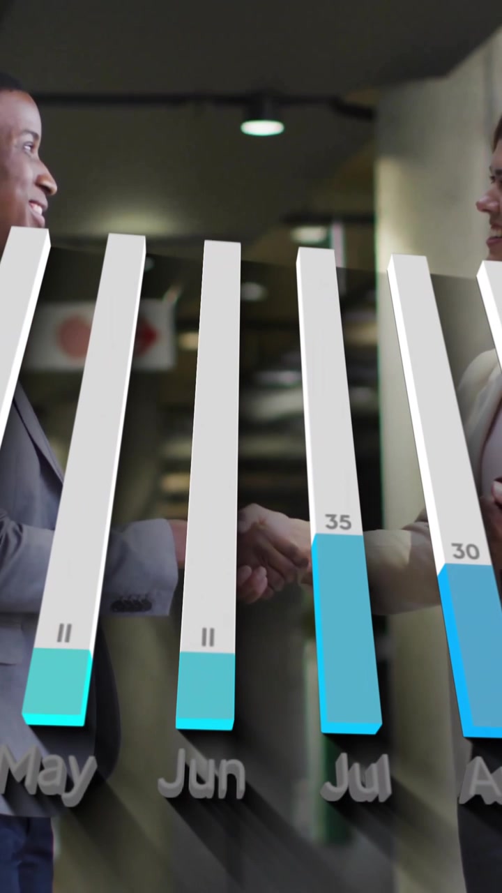 Håndtryk, forretningsfolk med søjlediagram, der viser animation af månedlige data
