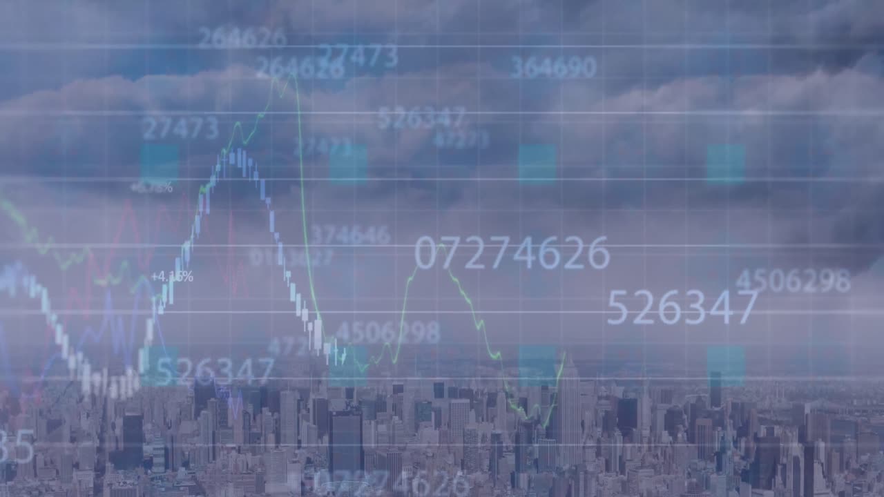 도시 풍경 위의 금융 데이터 처리 애니메이션