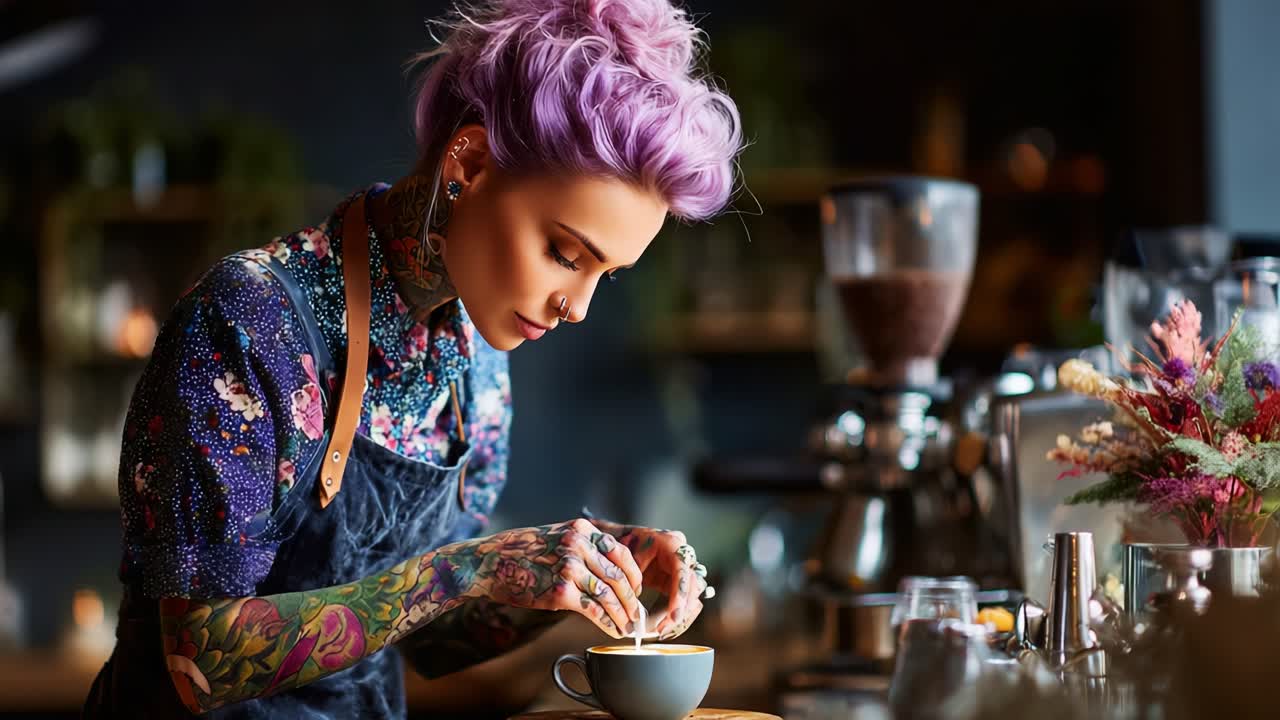 Una barista appassionata con tatuaggi colorati perfeziona la sua arte in un'accogliente caffetteria, creando arte attraverso il caffè, mescolando sapori e abbracciando la creatività in ogni tazza