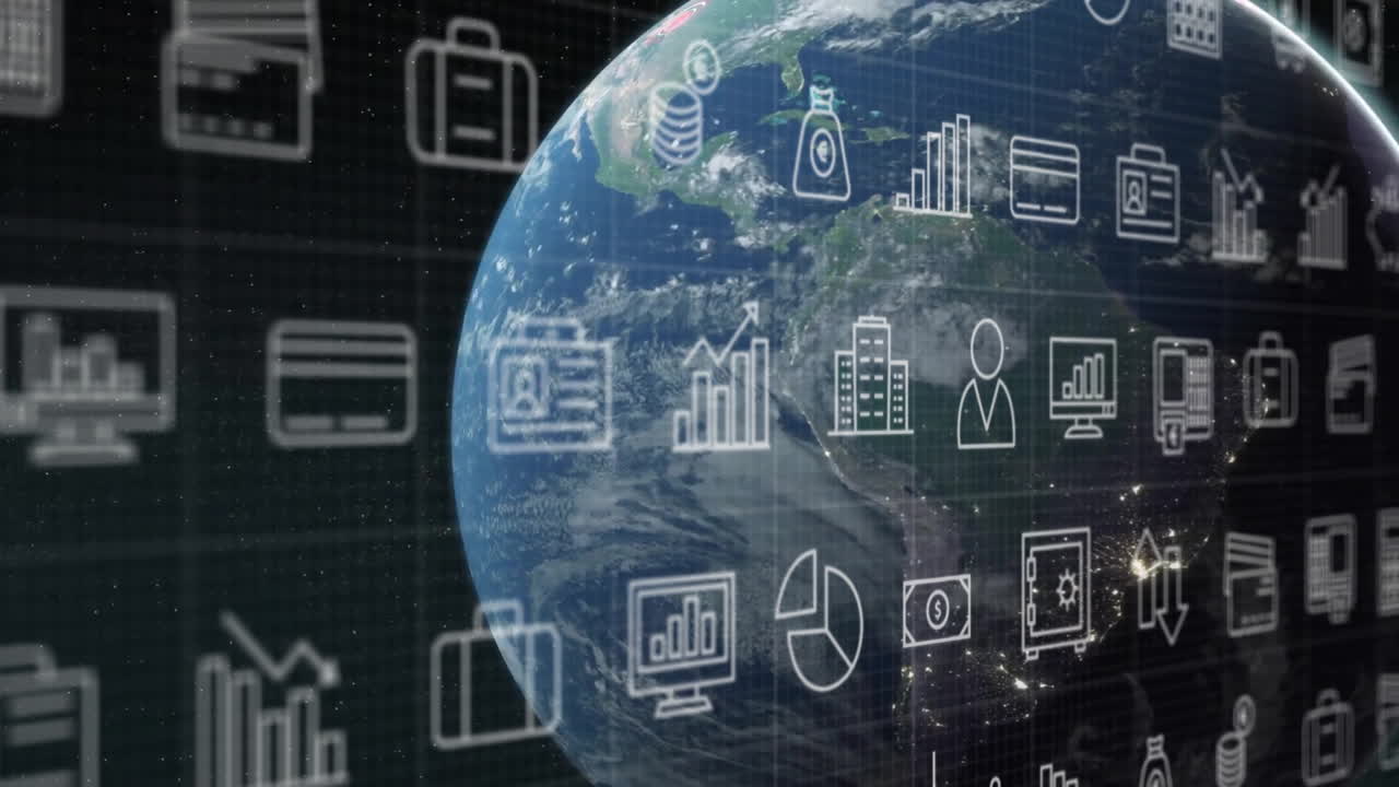 animación de iconos comerciales y procesamiento de datos digitales en todo el mundo sobre un fondo oscuro