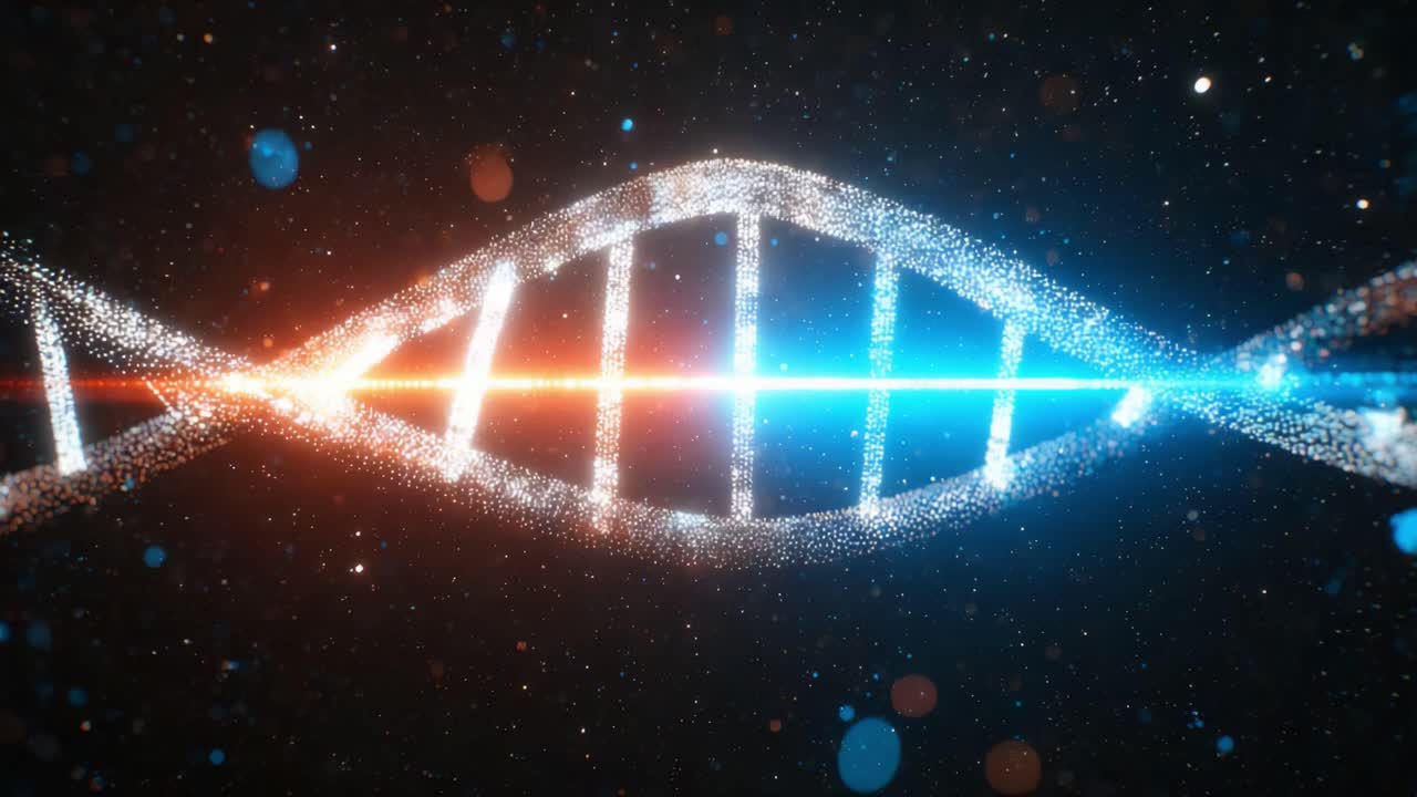 Abstract rotating double helix made of shimmering particles on a dark background. Scientific and futuristic concept for molecular biology, genetics, and medical innovation research projects