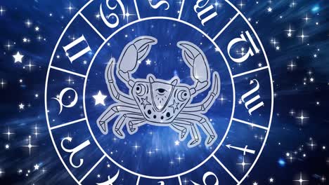 Animation-of-cancer-star-sign-symbol-in-spinning-horoscope-wheel-over-glowing-stars