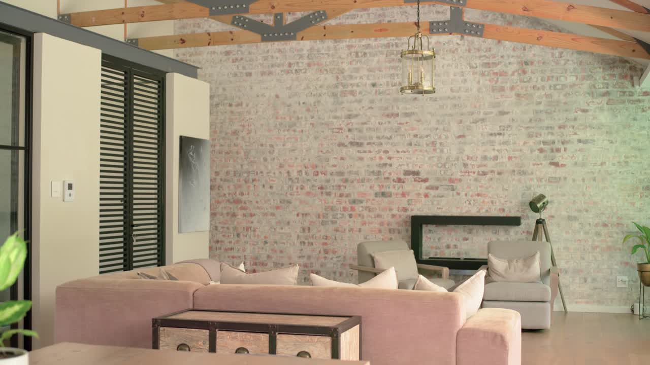 Camera starting tight on lucky bamboo, panning right and pulling back, revealing loft living room