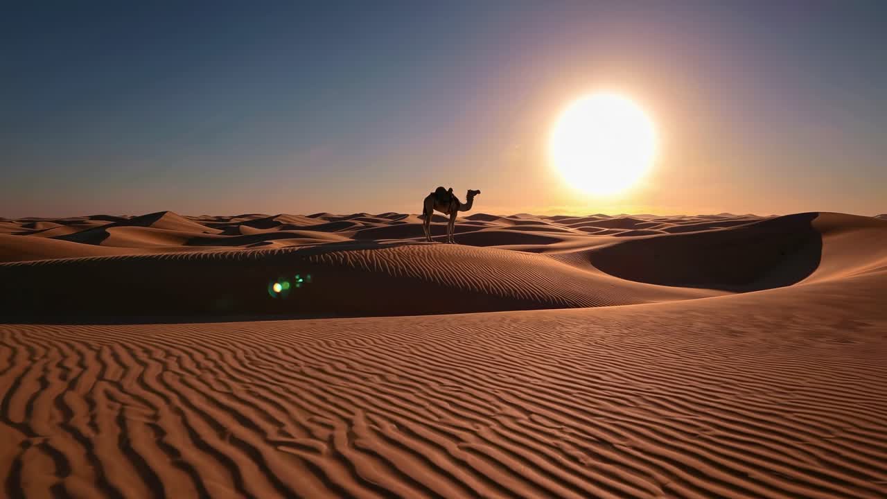 A wide-angle video captures a camel silhouetted against a vast desert landscape at sunset