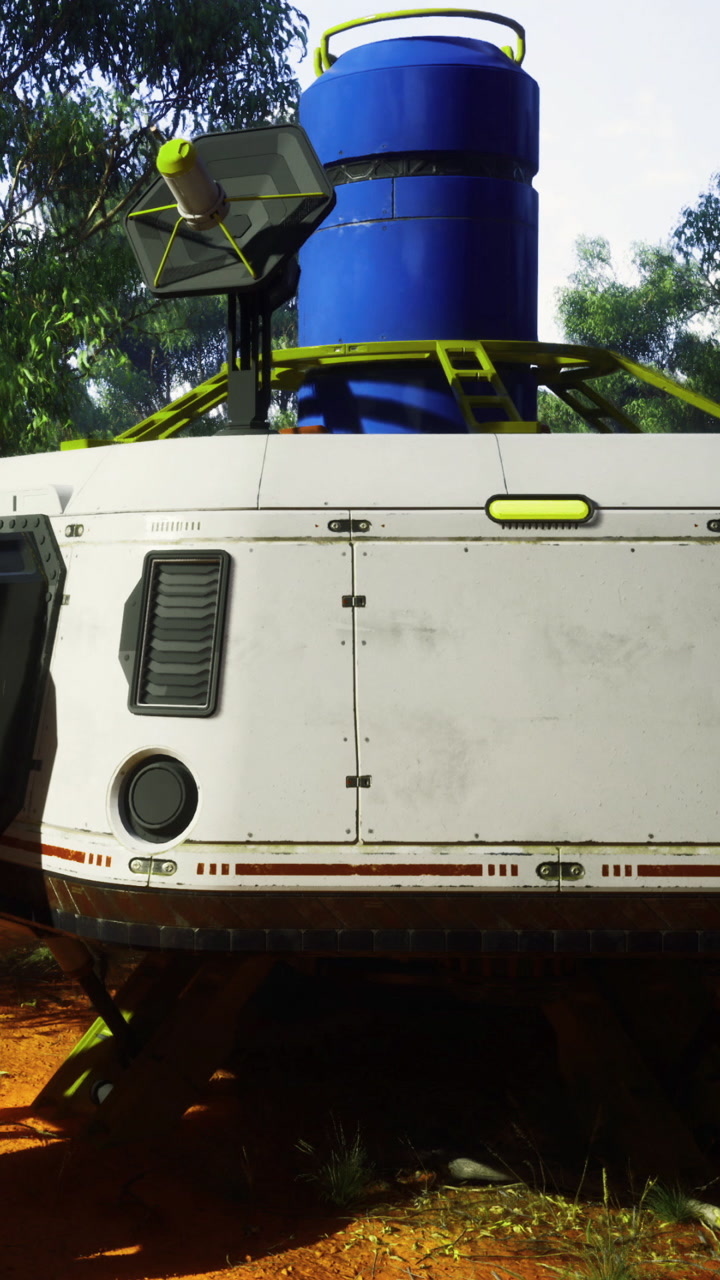 Rocket lander sits in a forest clearing under bright sunlight near trees