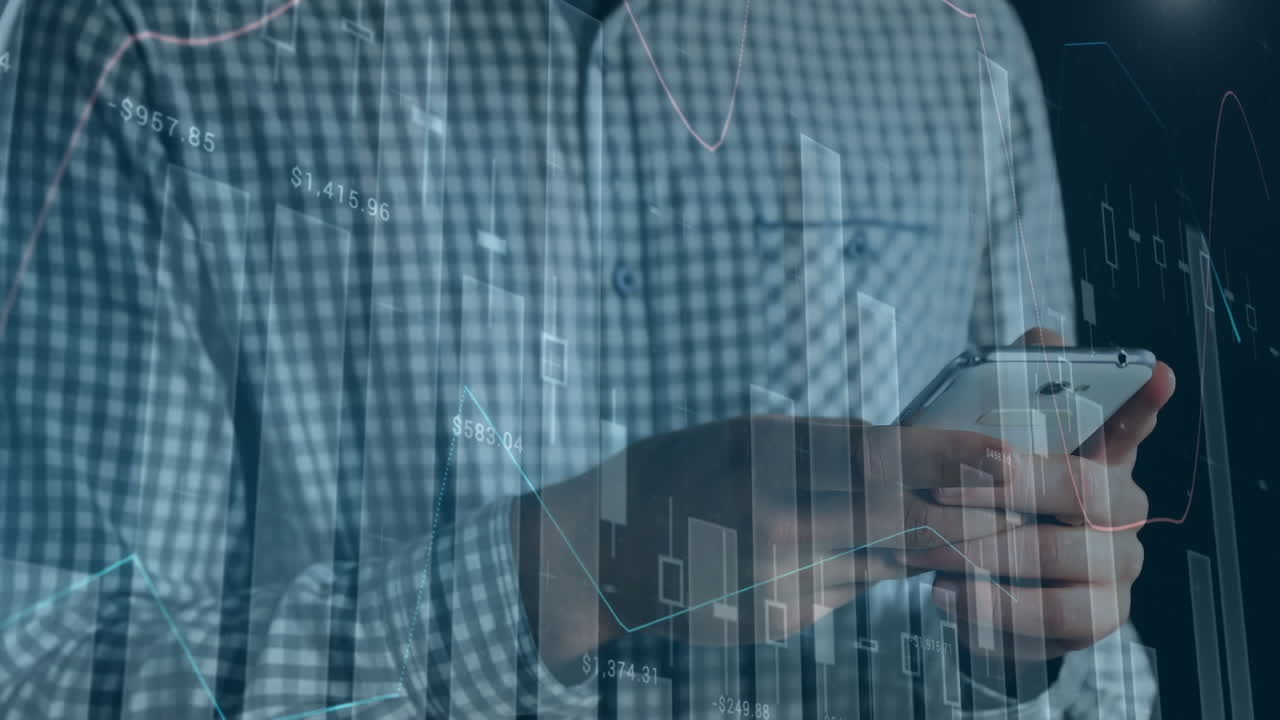 animación de estadísticas y procesamiento de datos financieros sobre el hombre utilizando teléfonos inteligentes