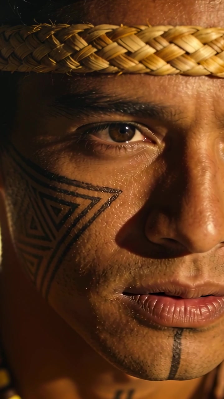 Vertikales Video: Kamera zoomt auf Mann mit gewebtem Band, der für ein Ritual in einem schwach beleuchteten Raum singt, Wangentattoo.