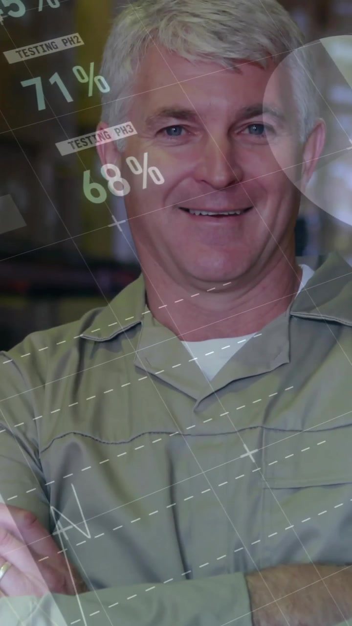 Animation of financial data processing and caucasian male worker in warehouse